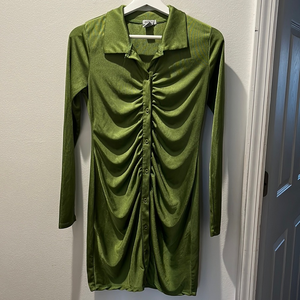 Women Sexy Long Sleeve Ruched Button Night Out Mini Club Shirt Dress 🫒